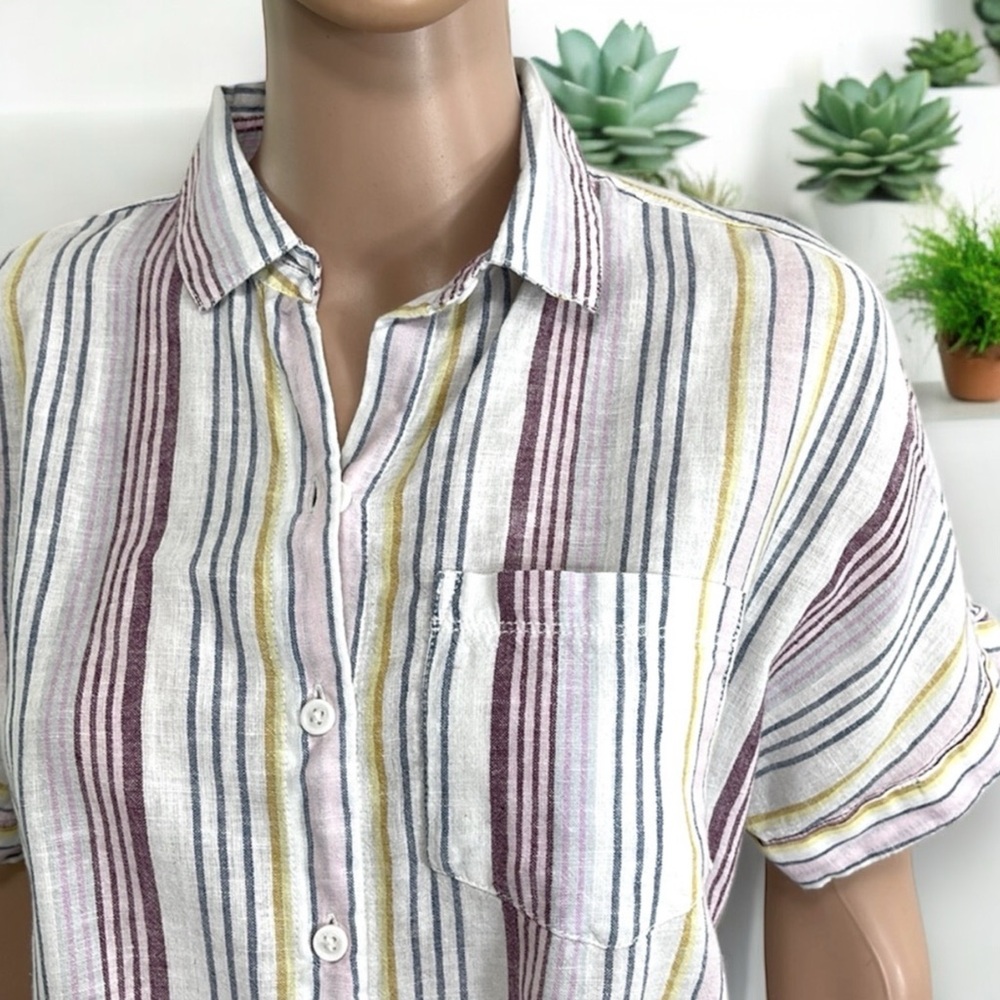 Beach Lunch Lounge Linen Rainbow Brooklyn Womens Stripe Tie-Front Button-DownTop - Picture 8 of 16